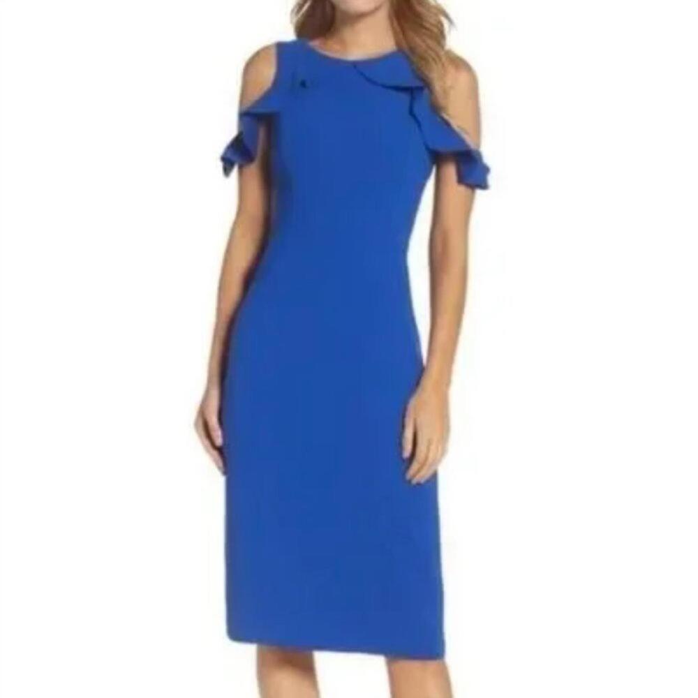 Maggy London Royal Blue Cold Shoulder Ruffle Sheath Midi Dress Size 16